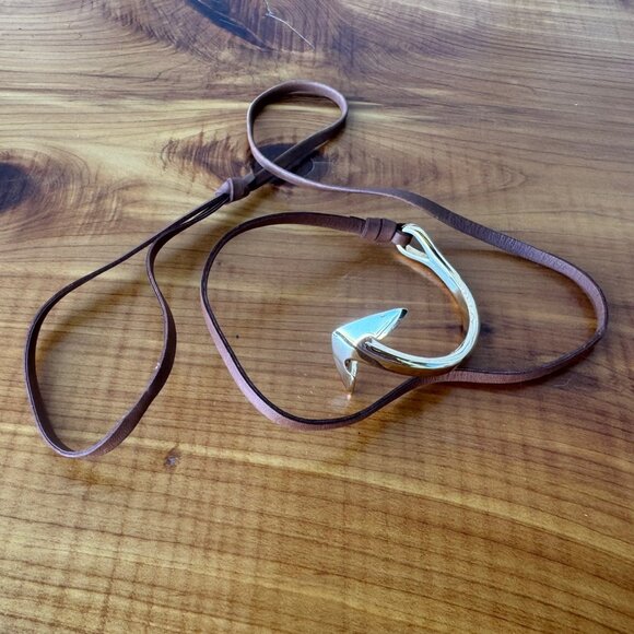 Miansai Anchor Gold Tone Half Cuff Brown Leather Women's Bracelet - Picture 4 of 5